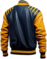 Veste de baseball en cuir de mouton bleu moutarde pour homme